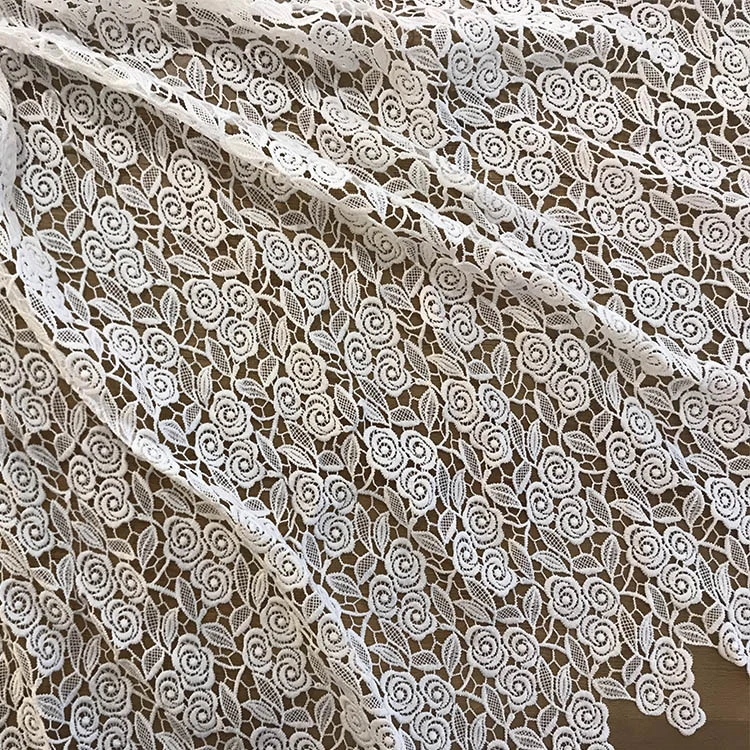 White Leaf Water Soluble Chemical Milk Fiber Embroidered Guipure Lace Fabric