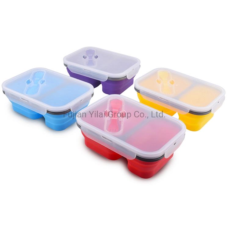 3 Compartment Children Bento Reusable Food Storage Containers Folding Kids Collapsible Silicone Lunch Boxes with Fork