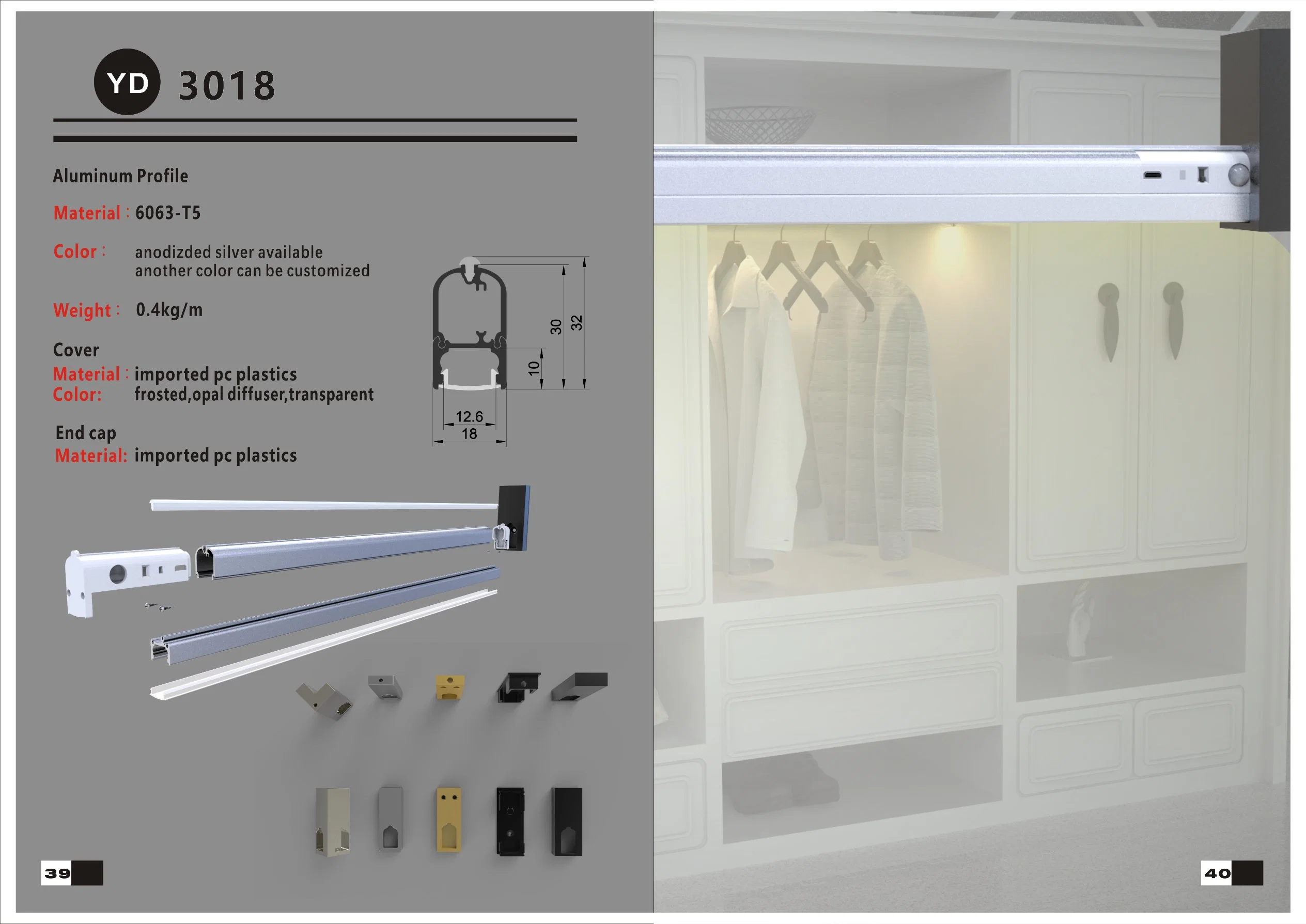 Alumínio de perfil de luz indirecta LED yd-3018 Alu para montagem saliente Luz do guarda-roupa