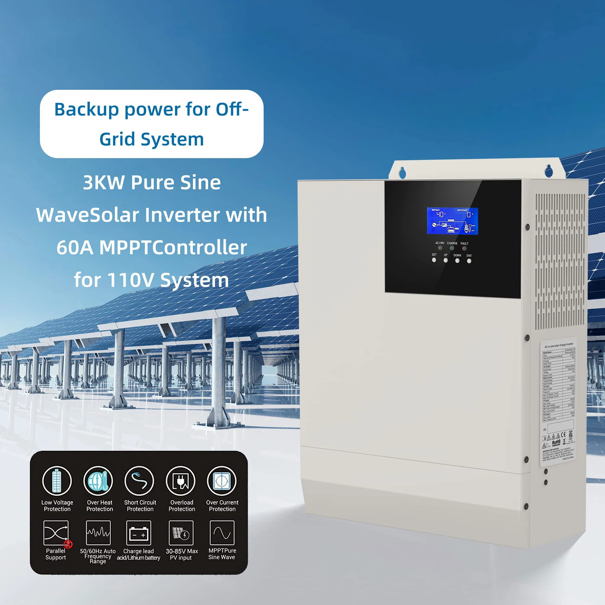 48V 5000W Hybrid Solar Inverter 48V DC to AC 110V Pure Sine Wave off-Grid LED Inverter, 80A MPPT Solar Charge Controller