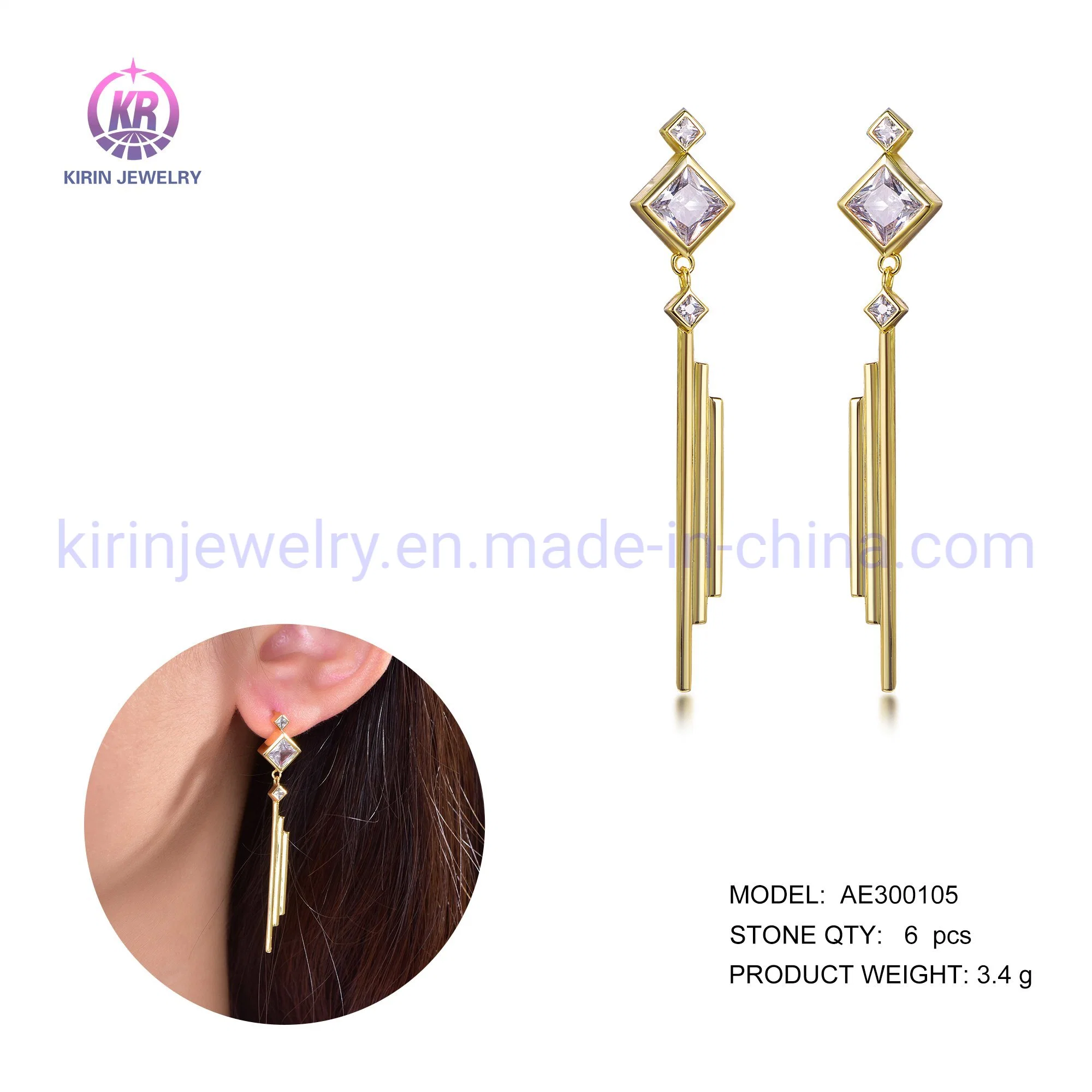 AAA CZ Long Dangle 18K Gold Pendientes Joyería regalo Mujer Pendientes de gota para chicas Pendientes de borla