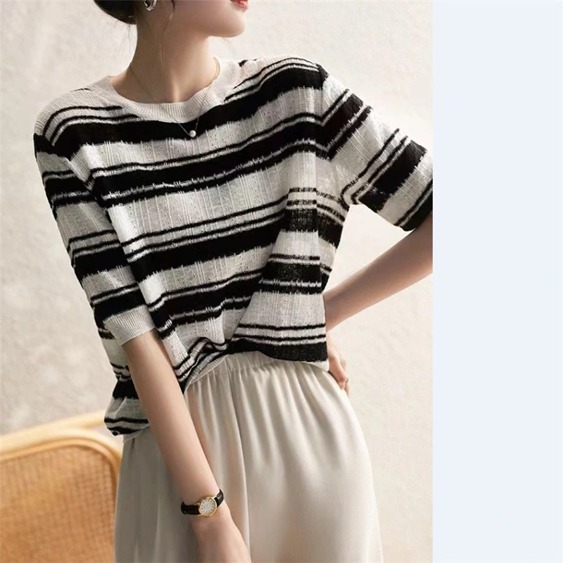 Foreign Style Casual Striped Knitted Short-Sleeved Women's Matching Hollowed out Crew Neck Ice Silk T-Shirt Short Style Thin Cotton Top