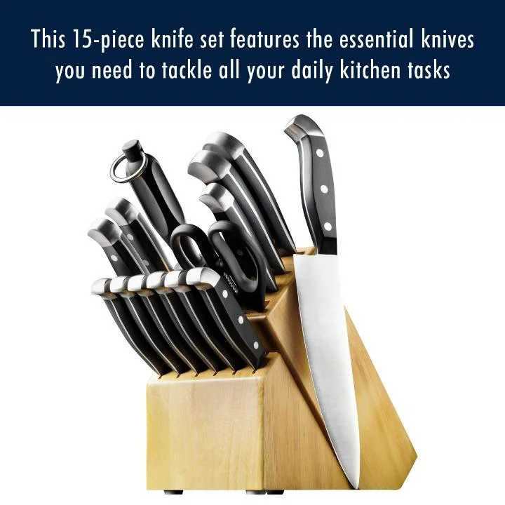 Premium 15-Piece Chef's Knife Set with Wooden Block and Razor-Sharp Blades