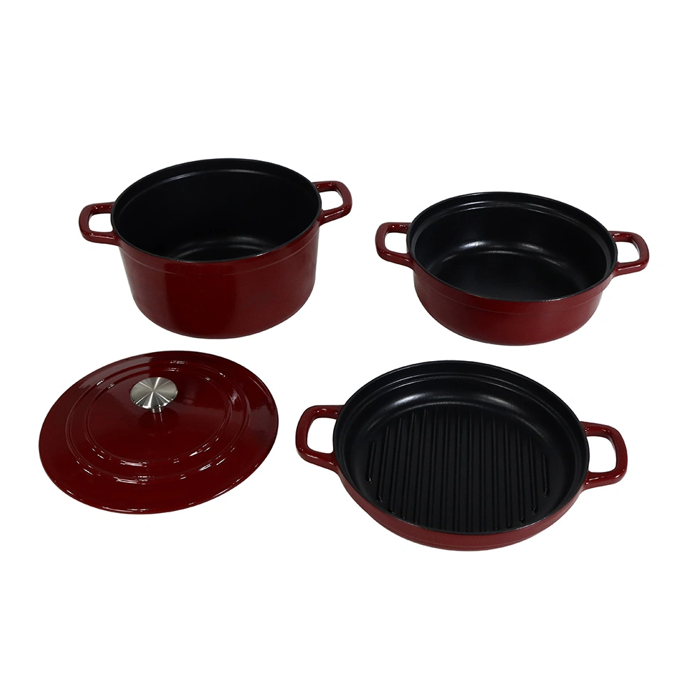 4-in-1 Cast Iron Stackable Dutch Oven Set Enameled Cookware Set