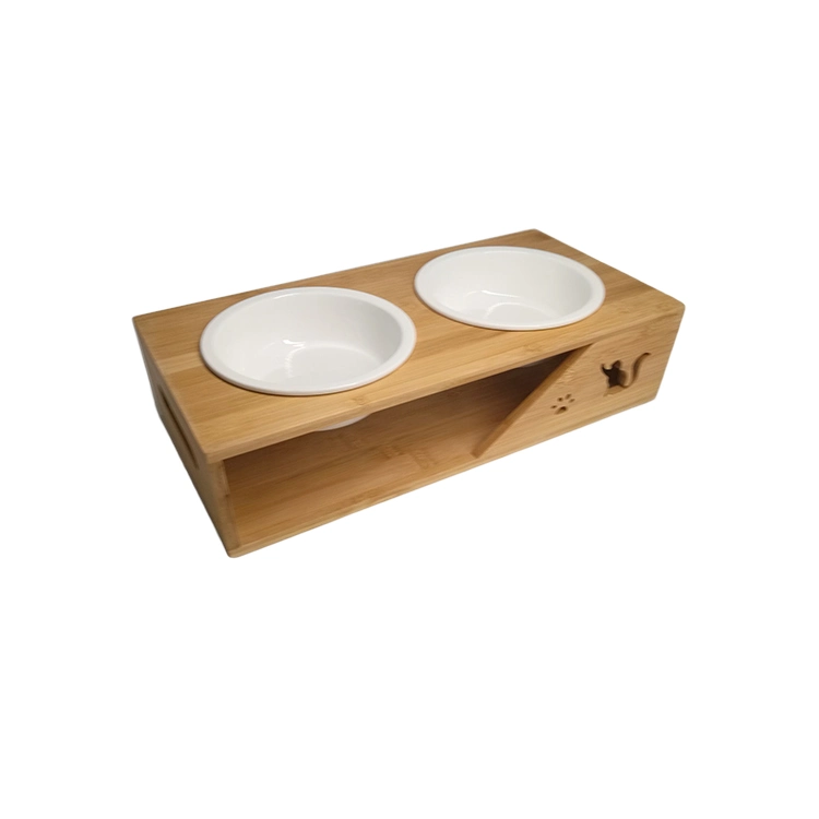 Custom Logo Wholesale/Supplier Hot Sale Wood Bamboo Elevated Pet Cat Double Bowl Ceramic Luxury Non Slip Dog Food Water Bowl