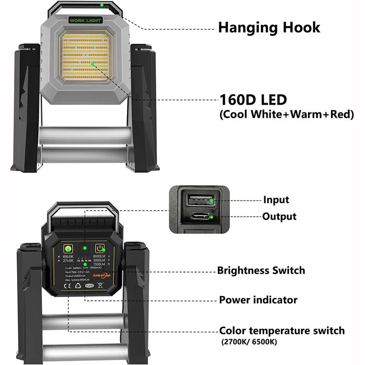 Farol exterior impermeable COB recargable LED con soporte telescópico de la luz de trabajo