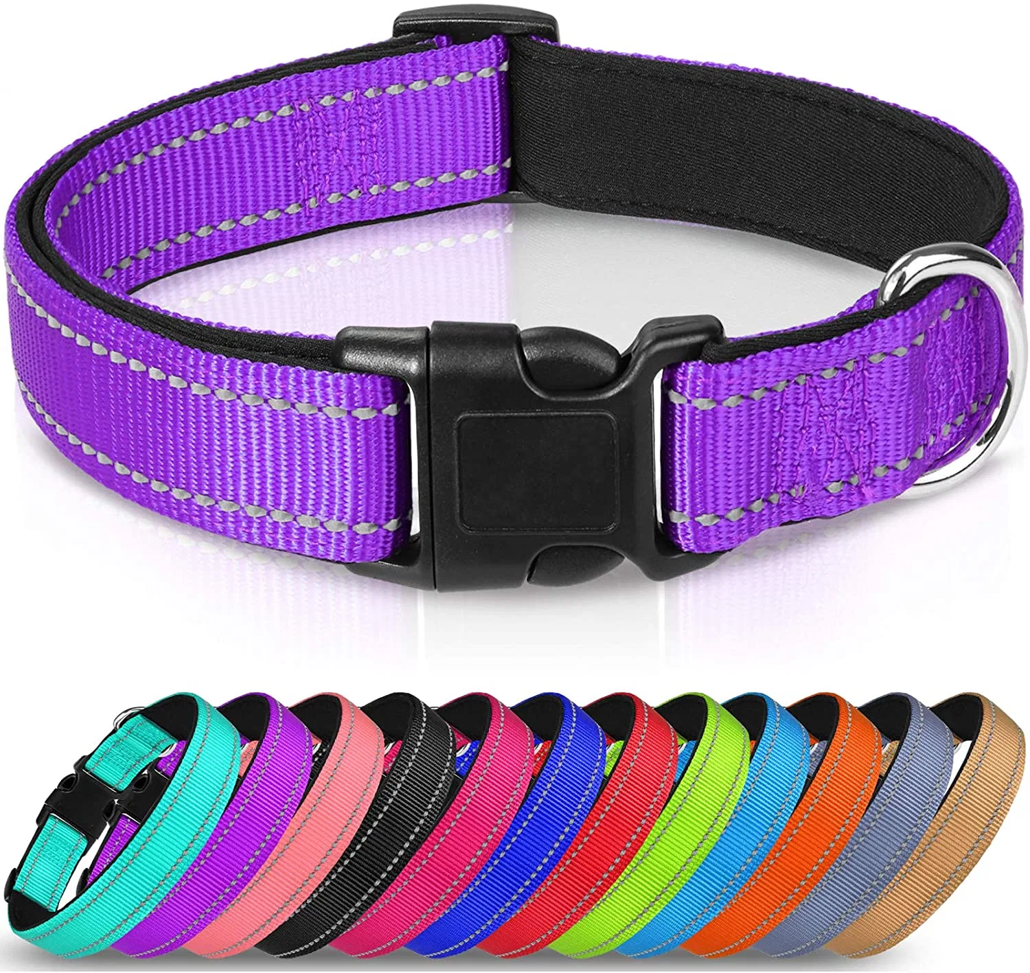 Cuello de perro reflectante, 12 colores, suave neopreno acolchado transpirable cuello de mascota de nylon