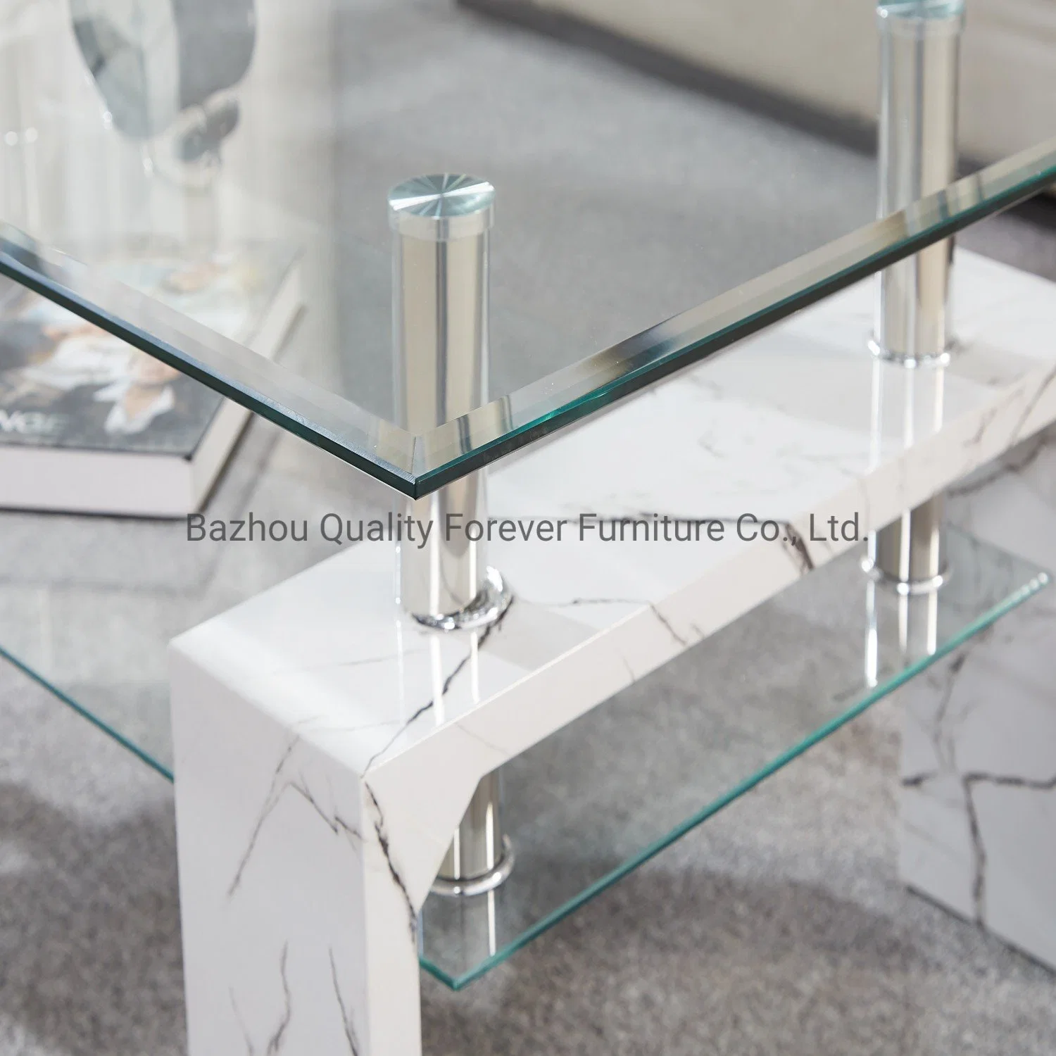 Clear Tempered Glass Rectangle Steel Metal White Marble 3D Paper MDF Leg Coffee Table