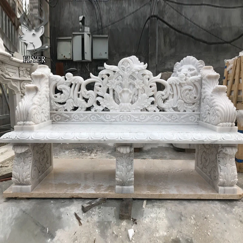 Banco de jardín de piedra tallado a mano de mármol beige Rey silla con escultura estatua de León