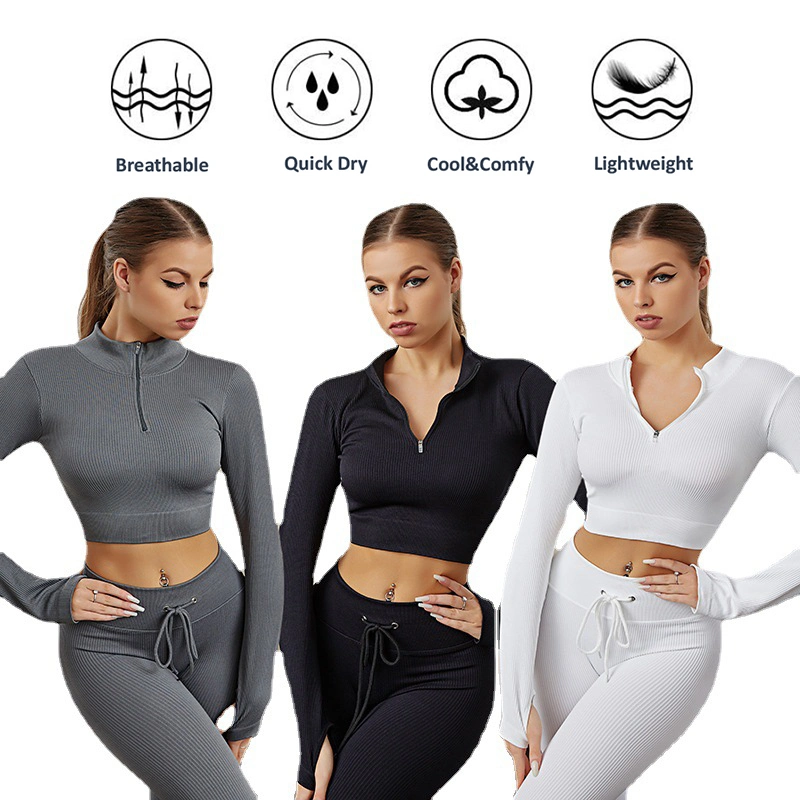 Hot Fashion Zip up Workout Outfits Cute Ribbed Sporty Clothes for Ladies, 2/3/4/5 PCS Gym Top + Drawstring Activewear Free Sample Plus Size Seamless Yoga Set