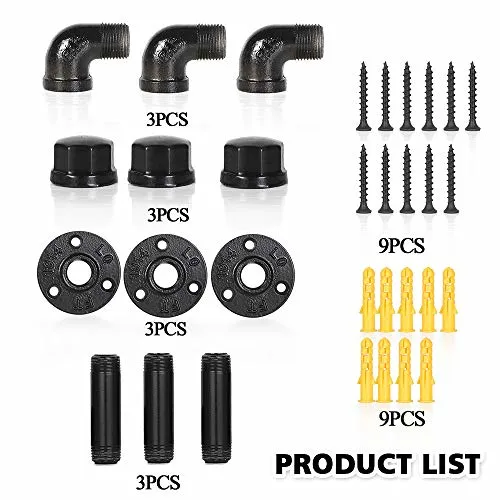 1/2 Inch Black Steel Pipe Wall Hook Kit (3-Pack) Industrial Pipe Towel Hooks