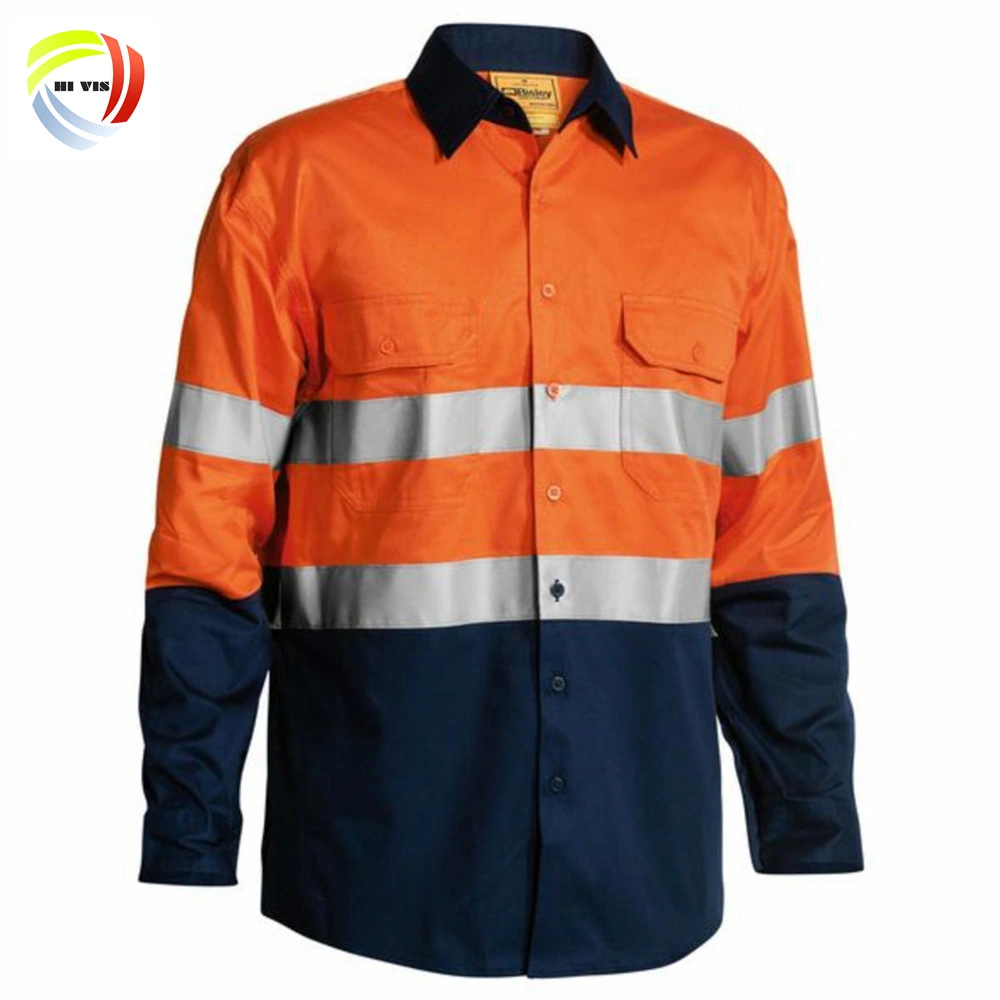 Custom Men Two Tone Long Sleeve Safety Mining Work Wear Uniform Hi Vis Reflective Work Cotton Shirt