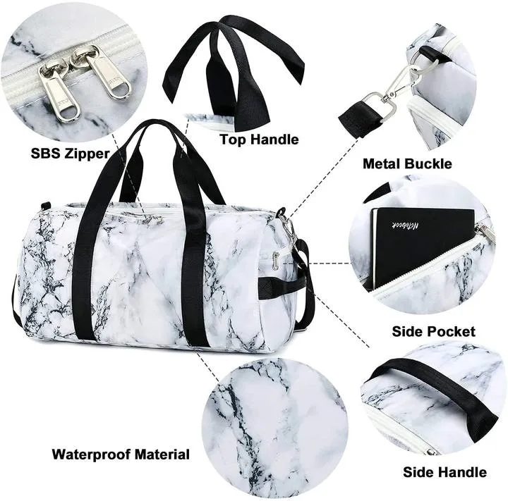 Sport Gym Duffle Travel Bag for Men Women Duffel with Shoe Compartment Wet Pocket Marble White