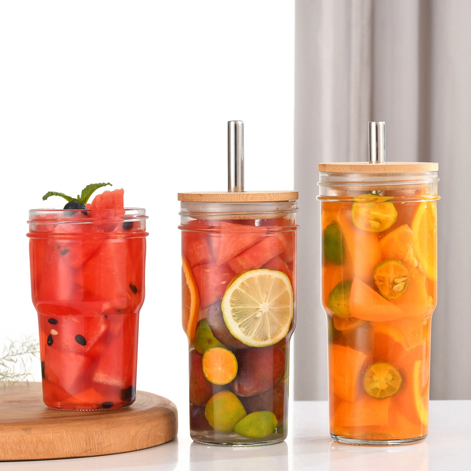 24oz Mason Cup Drinking Tumbler Wide Mouth Mason Jar Glass Tea Cup with Bamboo Lids and Straw