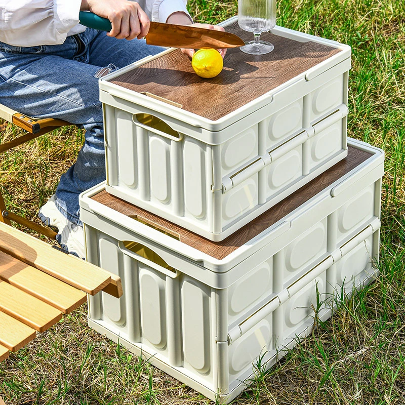 Large Volume Folding Shopping Baskets Foldable Plastic Storage Basket with Wood Cover