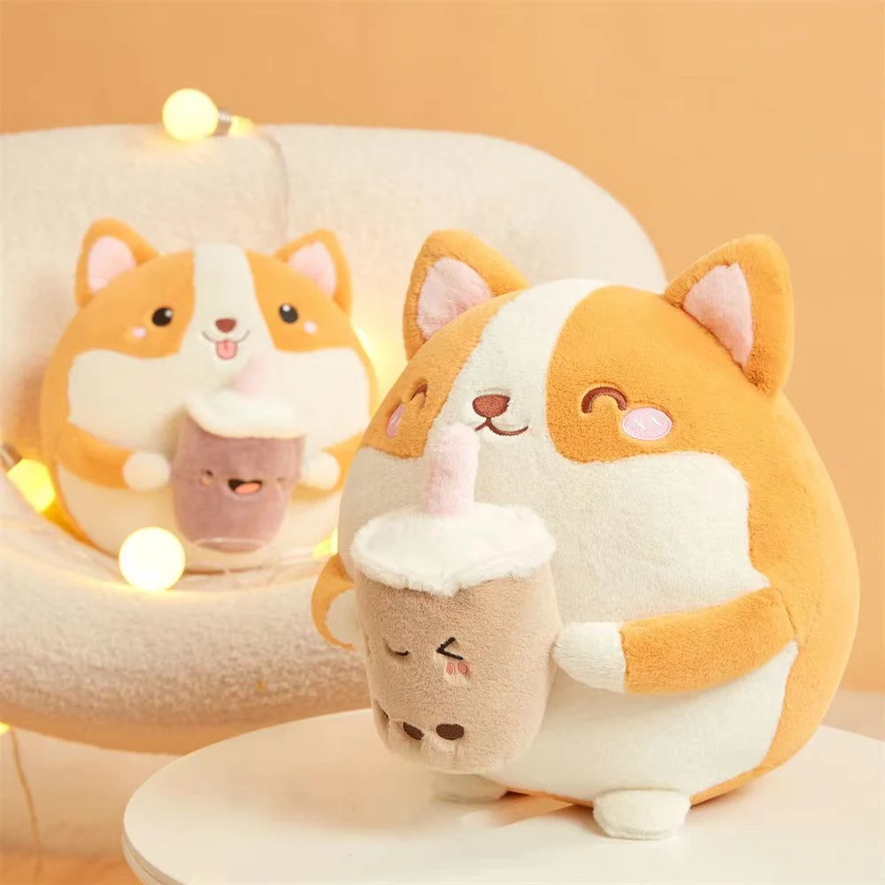 Round Ball Milk Tea Corgi Doll Cute Corgi Puppy Plush Toy Throw Pillow Children Comfort Doll Furniture Decoration