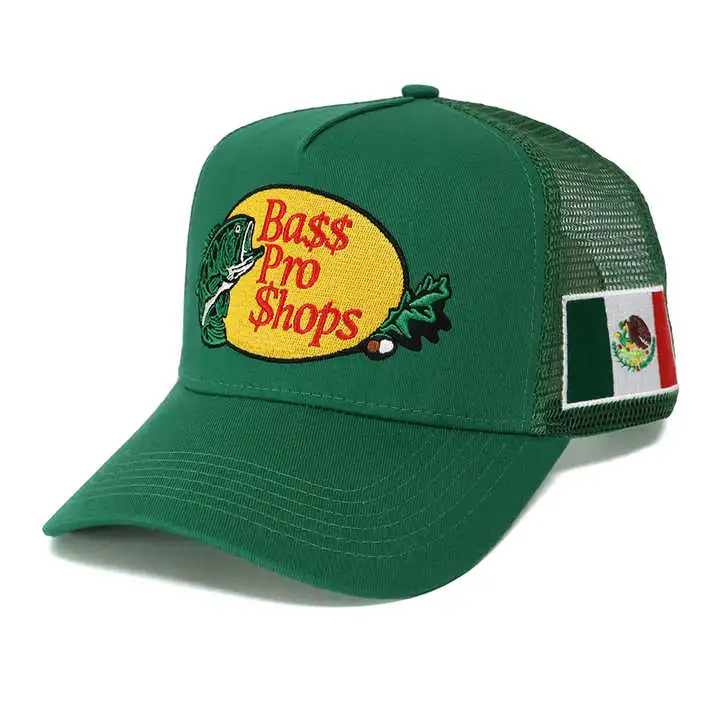 Wholesale/Supplier Fashion Fish Embroidery Patch Logo Green Fishing Hat 100% Cotton with a Mesh Back Trucker Cap Gorras Outdoor Bass PRO Shops Trucker Hat