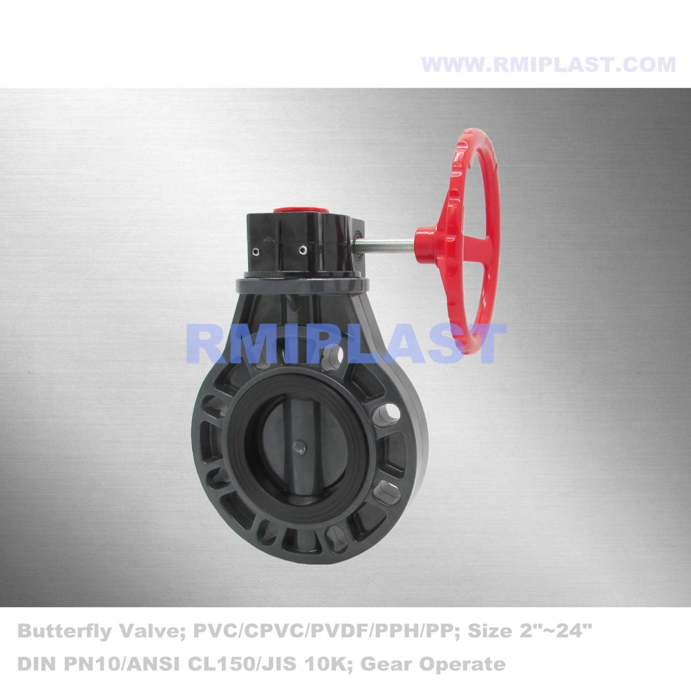 Themoplastic PVC Butterfly Valve by Wafer Flange Universal Standard ANSI #150 JIS10K DIN Pn10 100A 125A 150A 200A 250A 300A 350A 400A 500A 600A Gear Drive