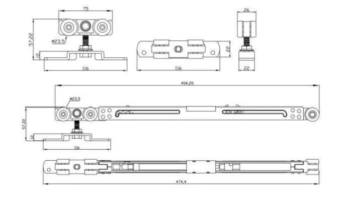 3 Doors Telescopic Sliding Door Track Kit Roller System for Interior 1 Plus 2 Door