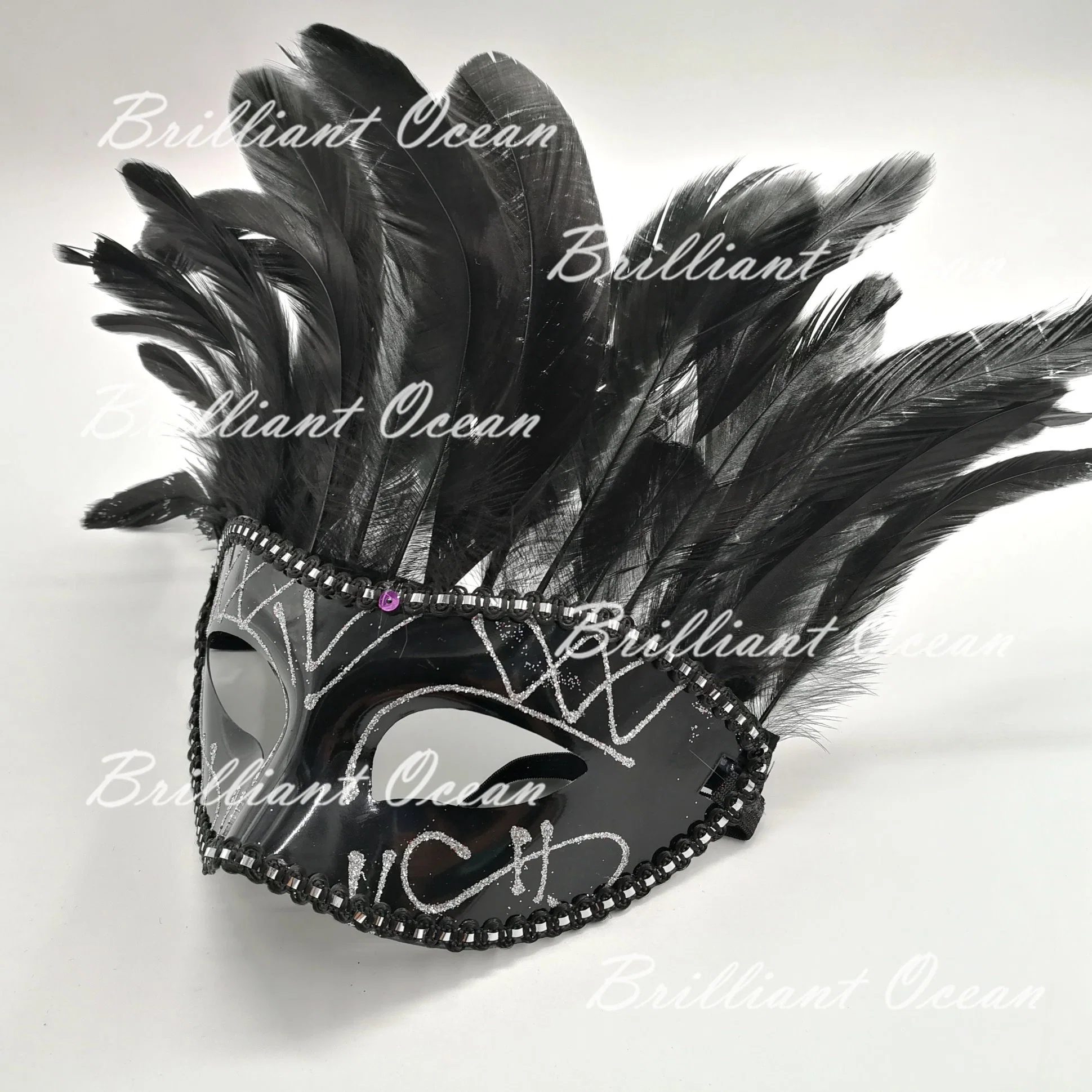 Black Embroidery Masquerade Mask with Feathers - Black Feathered Venetian Mask