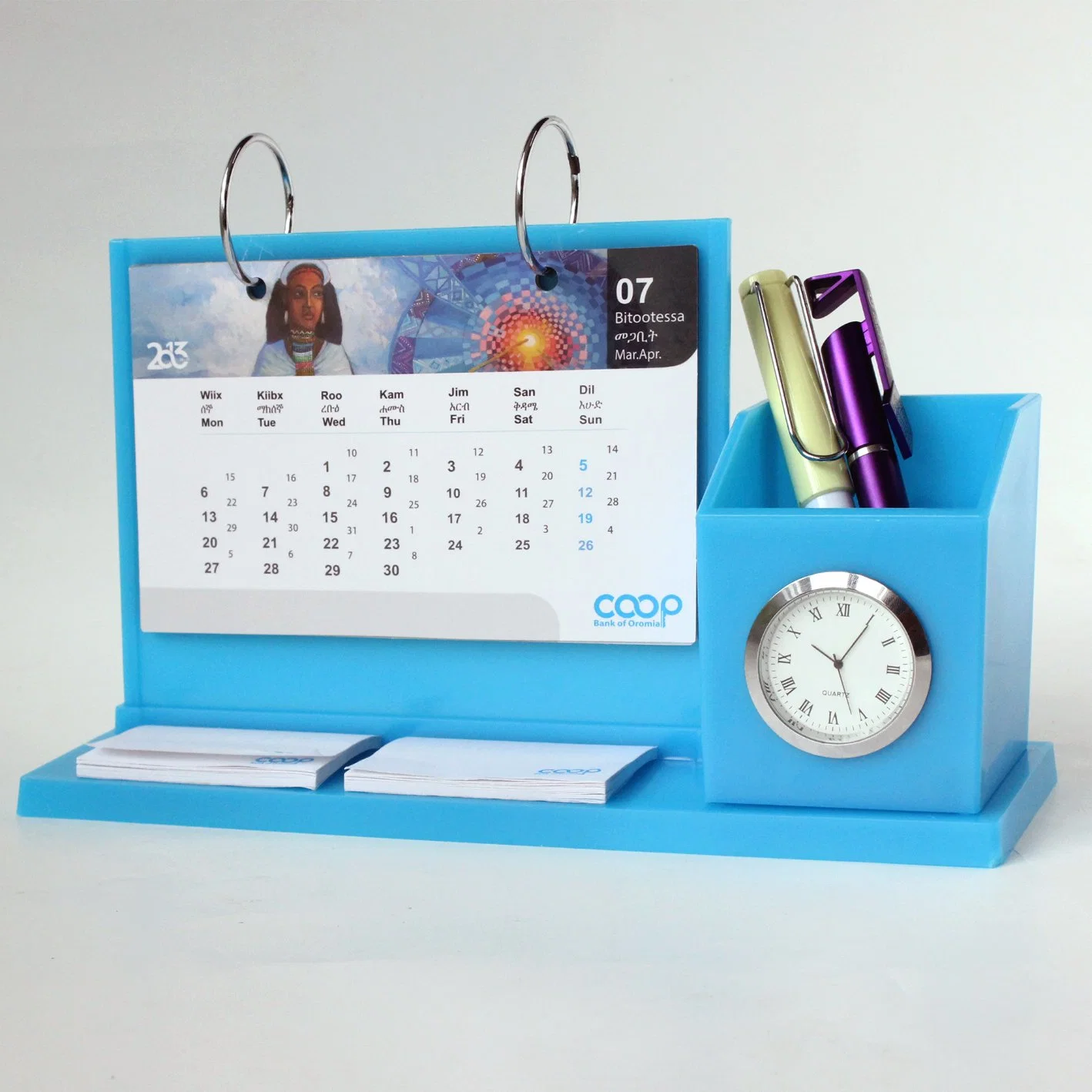 Blue Acrylic Multi-Functional Calendar Pencil Holder Note Storage Box