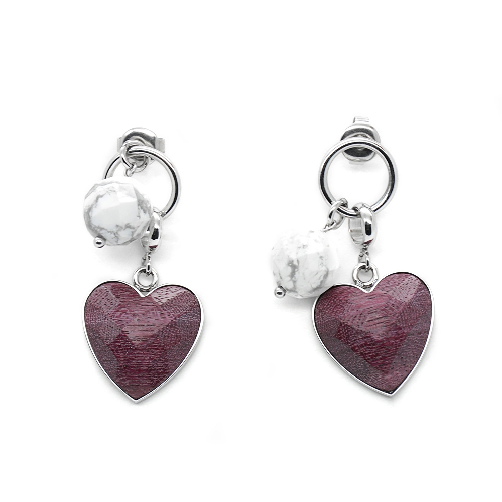 316L Sliver Stainless Steel with Purple Heart Wood Heart-Shaped Earrings Stock Woman Gift