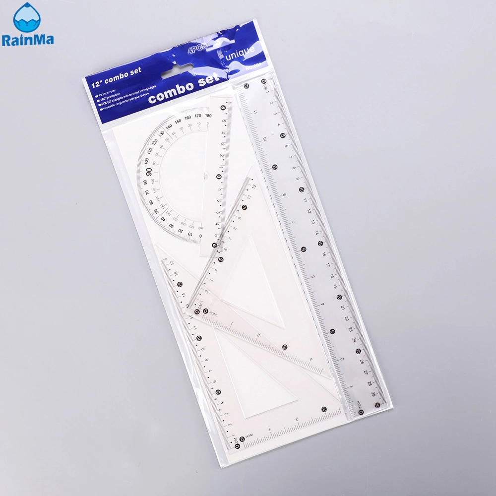 Hot Sale 4PCS Set Transparent Ruler Triangular Plate Plastic Ruler Set for Kids