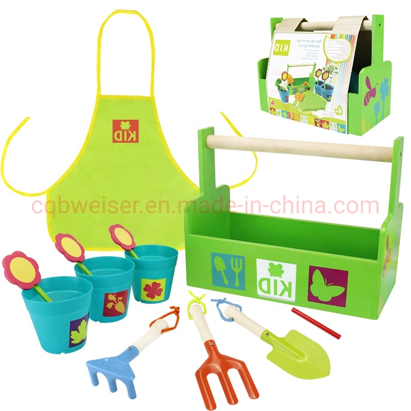 Cuadro de conjunto de herramientas de jardinería para niños conjunto de herramientas de la bandeja en la caja de madera