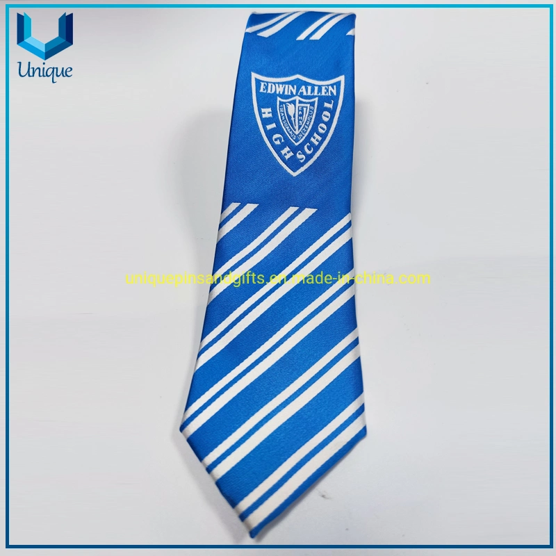 Navy Blue and Khaki Microfiber Striped Ties School Logo Embroidered Custom Tie