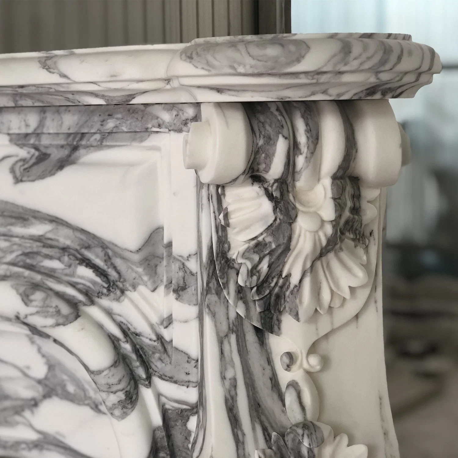 Marble Building Material Home Decoration, Sculpture, Gas Fireplace, Furniture, Arabescato Marble Flower Carving French Style Fireplace