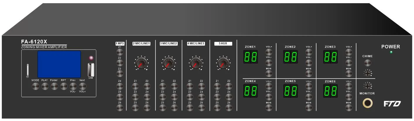 PA 6*60W Amplificador mezclador de matriz con USB y SD&amp;FM Bluetooth&amp;