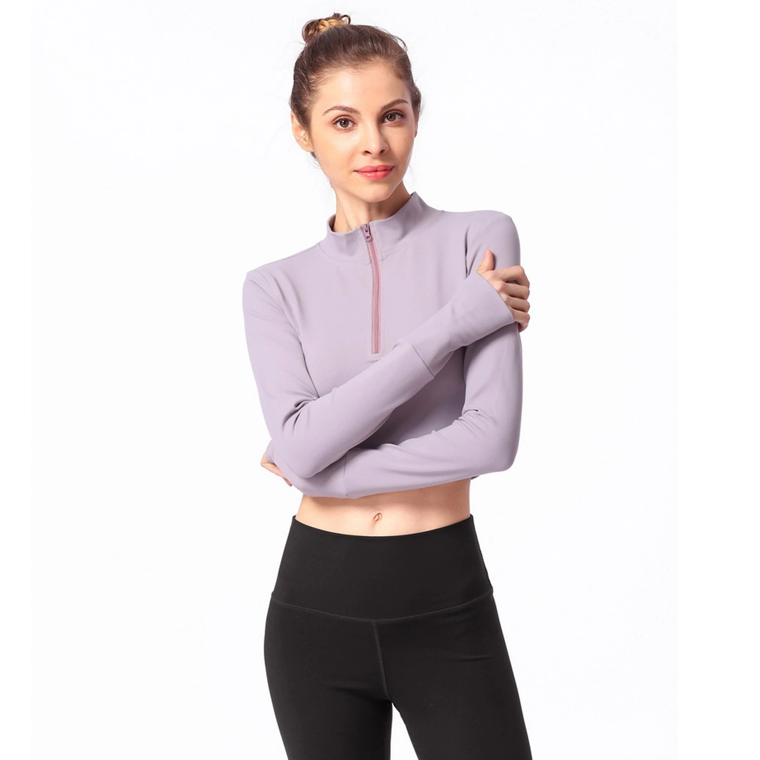 Women's Yoga Thumb Hole Long Sleeve Night Running Sport Slim Front Zip High Elastic Fitness Wear with Chest Cushion