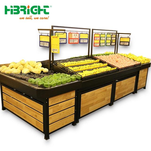 Supermarket Store Display Metal Wooden Fruit and Vegetable Stand Rack