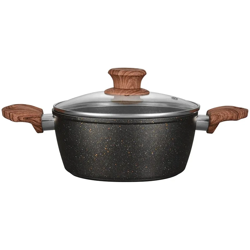 Popular Cookware Set Customized Marble Coating Non-Stick Fry Pan Casserole Aluminum Cook Ware with Wood Handle