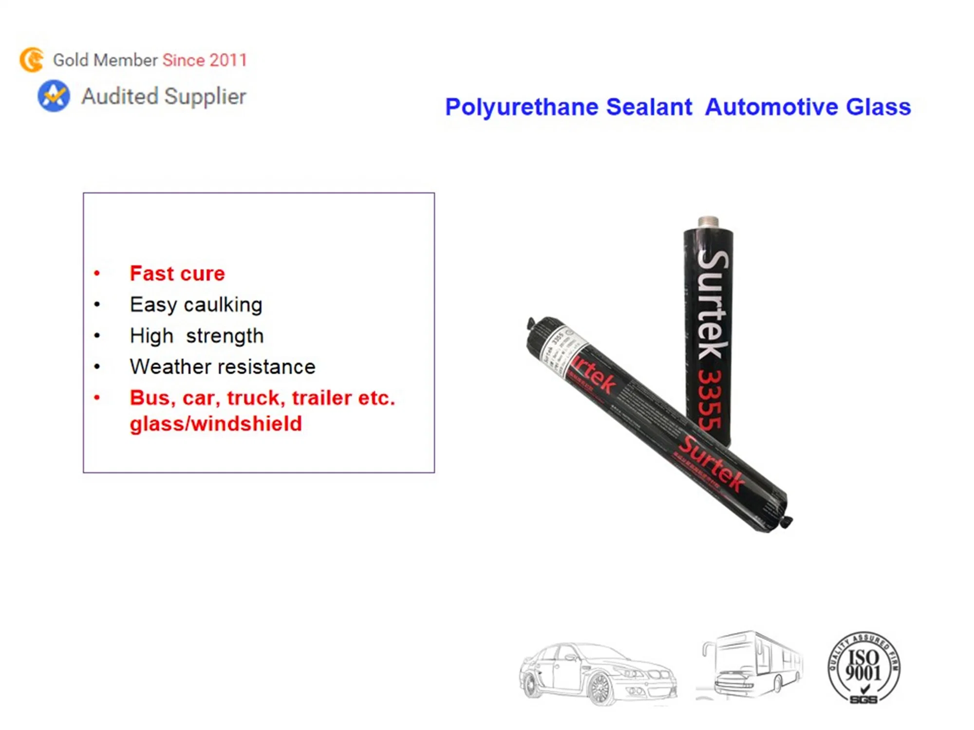 UV Resistance Fast Cure Automotive Glass Replacement Polyurethane Adhesive Sealant (Surtek 3355)