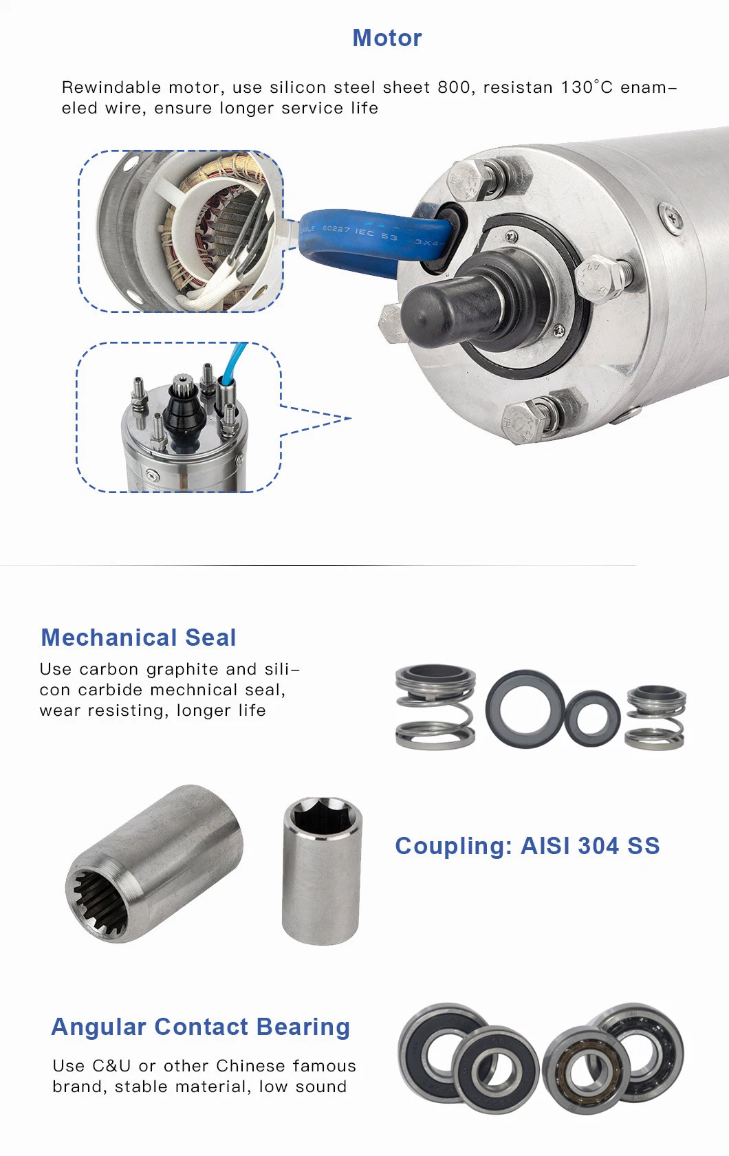 Moteur submersible haute pression à rotor en laiton de 4 pouces, puits profonds Pompe