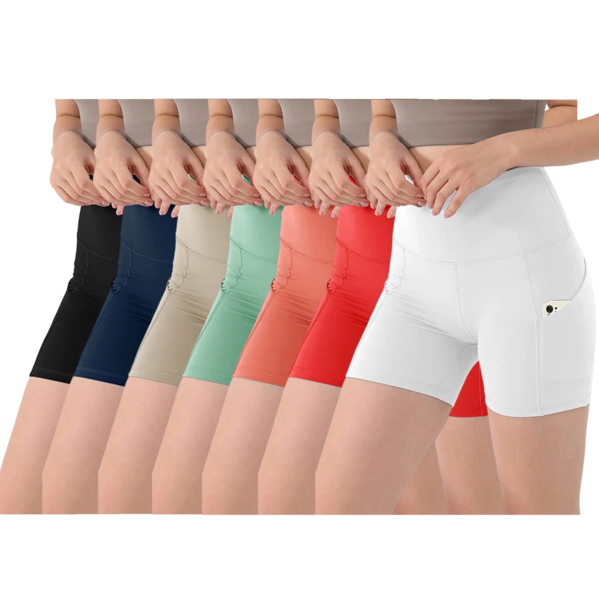 Shorts de cycliste taille haute pour femmes Premium avec poches, contrôle du ventre, vêtements d'entraînement de gymnase, shorts de course athlétiques de yoga, vêtements d'habillement pour prix de gros.