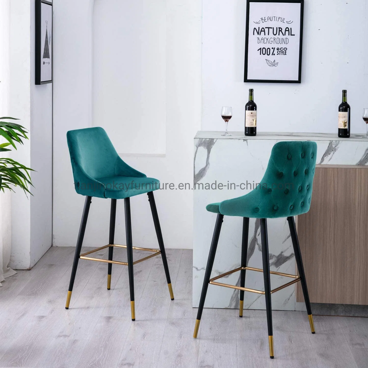 Asiento de terciopelo suave Bar Desayuno cocina Sillas sillas de patas de metal de color verde claro Barstools taburetes altos