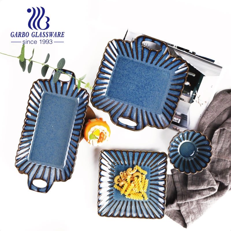 Classical Vintage High-End Luxus Royal Blue Keramik Geschirr Set Porzellan Heartshape Blume Edge Design Topf Schüssel Teller für Hochzeitsfeier Hotel