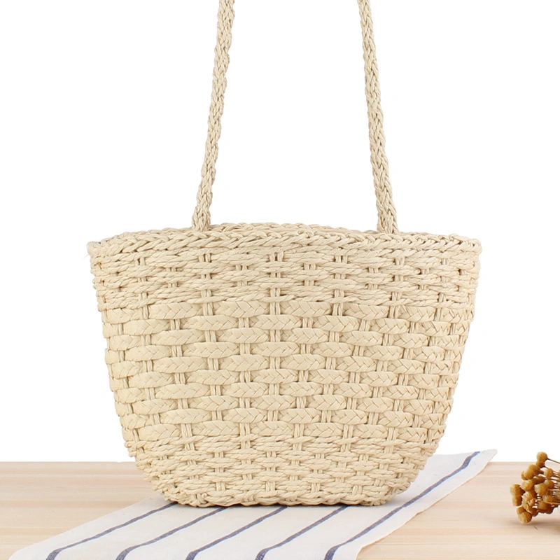 Pure Color Simple Straw Woven Bag European and American Style Retro Woven Shoulder Bag Fashion Silk Scarf Paper Rope Casual Bag