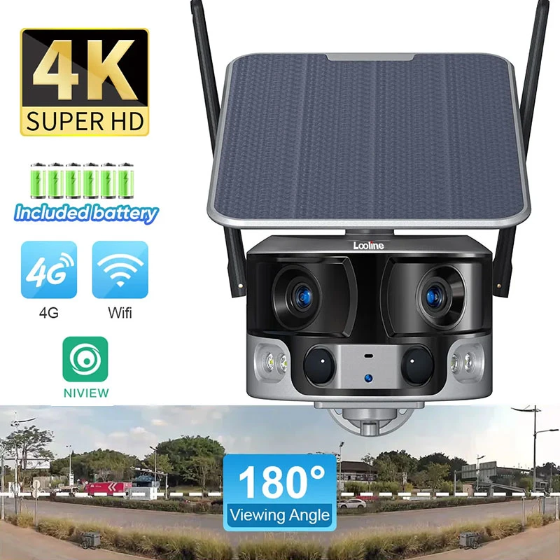 Caméra de sécurité solaire CCTV WiFi PTZ vision nocturne couleur panoramique à double objectif 4K étanche de qualité industrielle sans fil.
