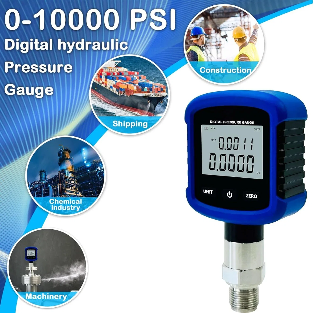 MD-S281 Digital Hydraulic 10000 Psi 0.2% Fs Accuracy Air Pressure Gauge 1/4 Inch NPT Thread with Bluetooth Cell Phone Connection and 330&deg; Rotation