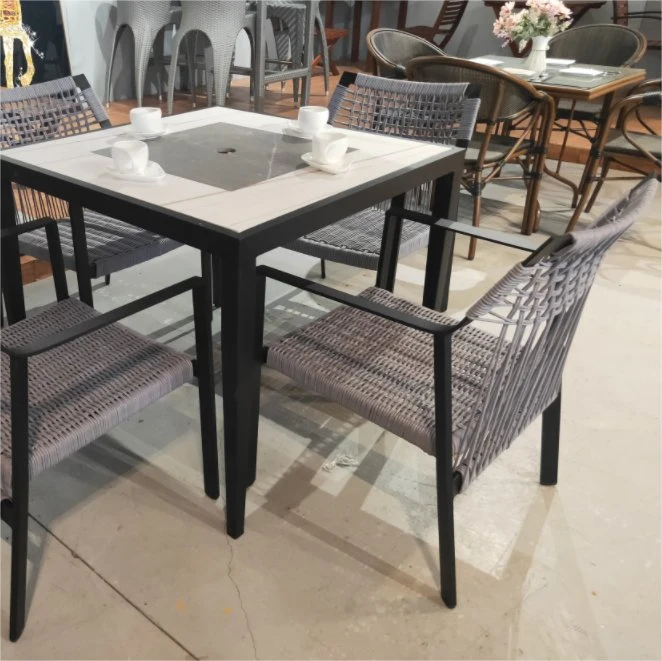 Guangdong Manufacturer Furniture Factory Outdoor Indoor Stackable Modern Commercial Restaurant Hotel Aluminum Outdoor Rope Dining Chair and Stone Top Table