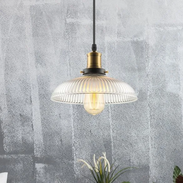 LED Pendant with Ribbed Glass Shade Industrial Hanging Lamp for Kitchen