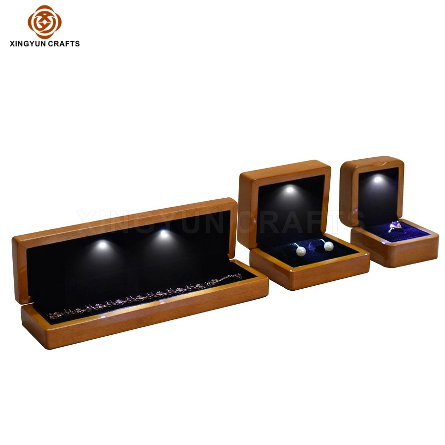 Glossy Maple Jewelry Set Package Box Wood Ring Earring Pendant Bracelet Watch Display Box with LED Light