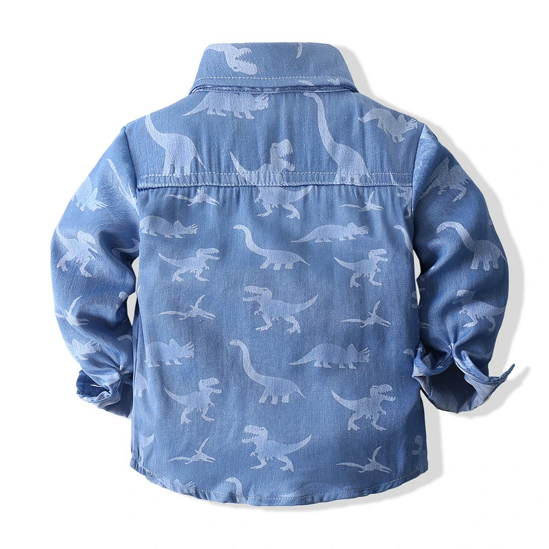 Factory Foreign Trade Children's Clothing 2020 Spring and Autumn New Boys' Long-Sleeved Cartoon Dinosaur Denim Shirt