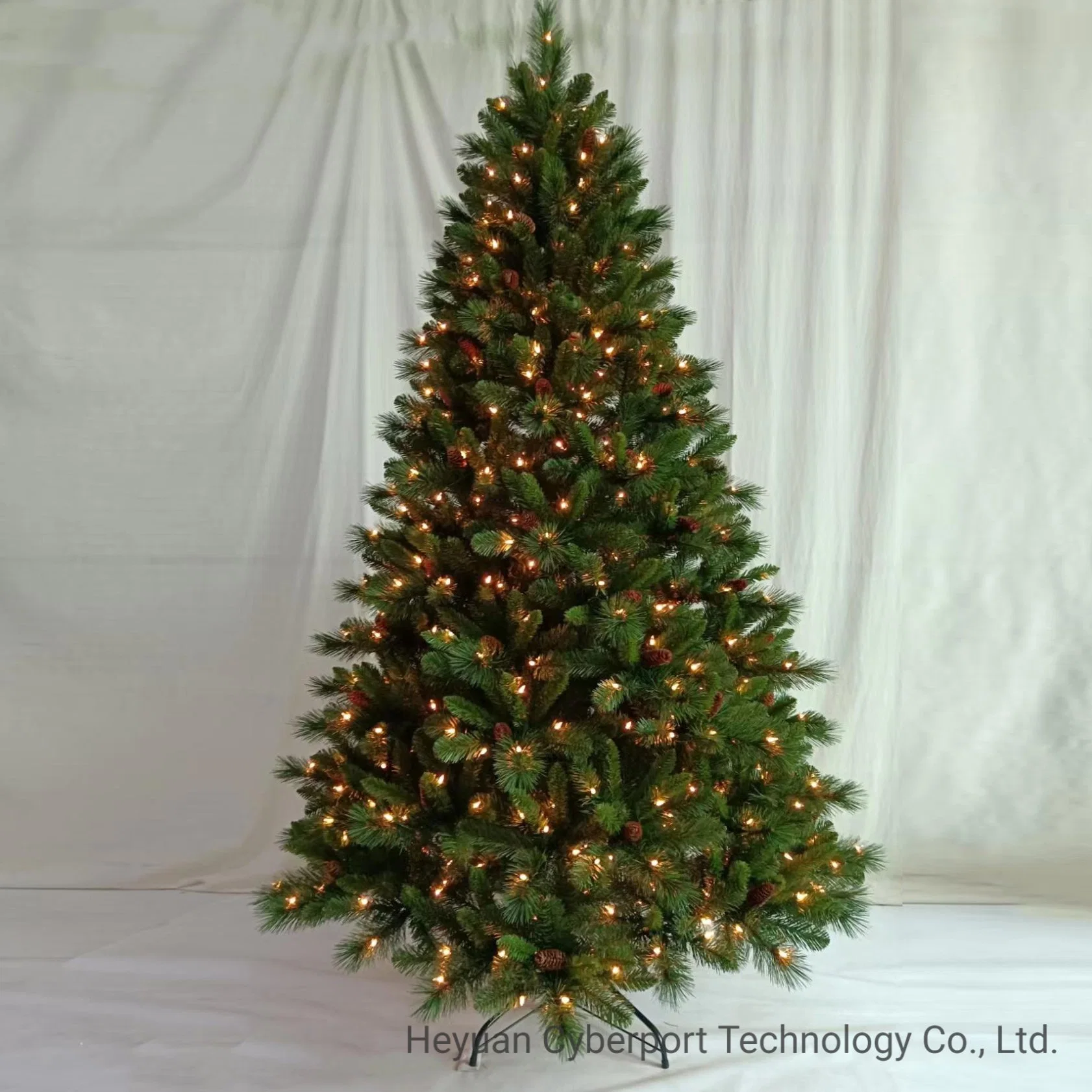 New Arrival Green Classic 7.5 FT Pre-Lit LED Christmas Tree Decorated with Pinecones and Clear Lights Artificial Xmas Tree Mixed PVC &Pine Needle