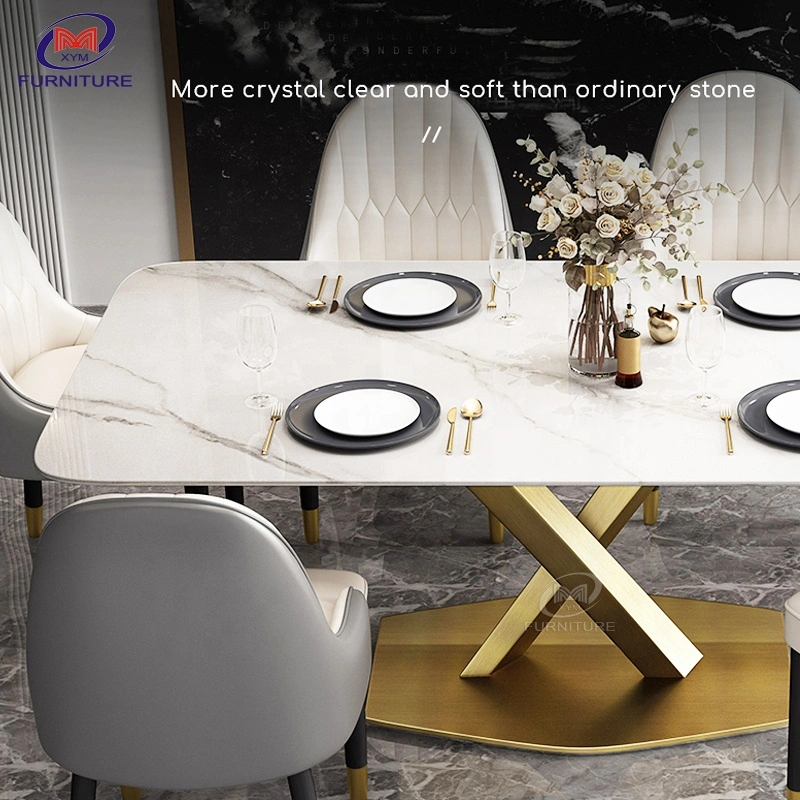 Dining Room Stainless Steel Modern Luxury Marble Top Dining Tables and Chairs Set