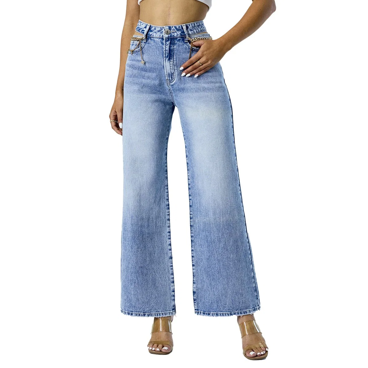 Custom Fashion Hollow Chain Straight Cargo Pocket Women Mom Denim Jeans