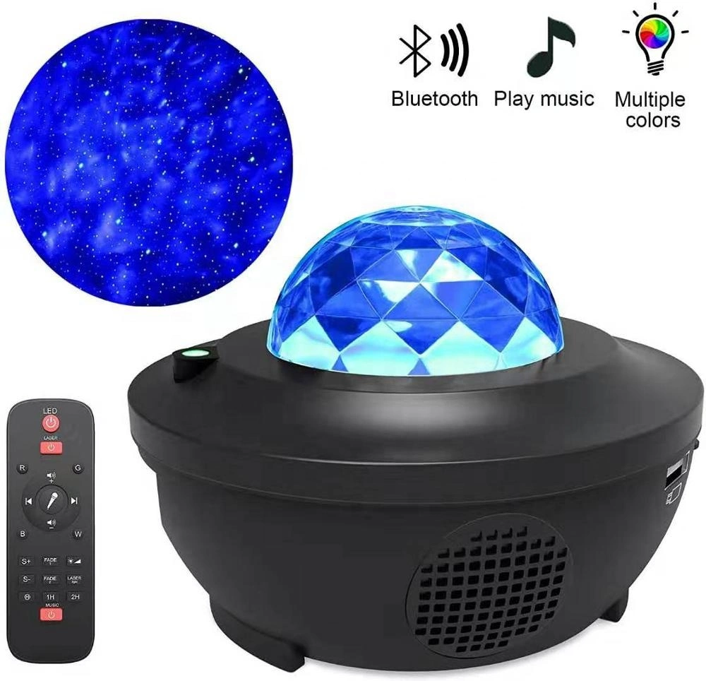 Projecteur d'étoiles laser Bluetooth avec lumière nocturne et différentes couleurs.